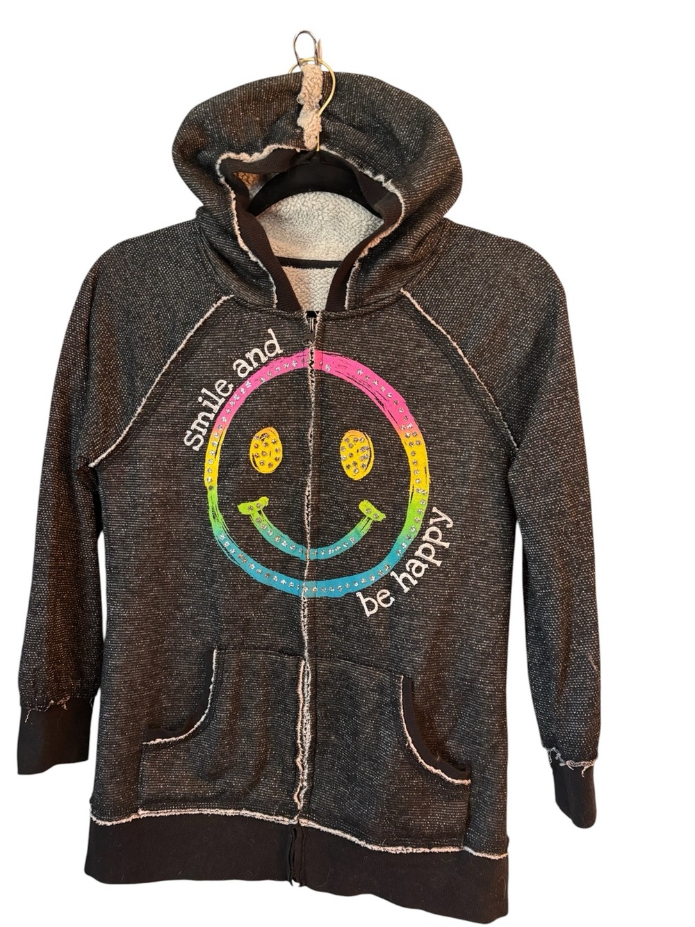 Charcoal Juniors Zip-Up Hoodie with Rainbow Smiley Graphic